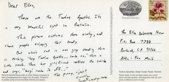 Australia Ellen DeGeneres postcard Twelve Apostles